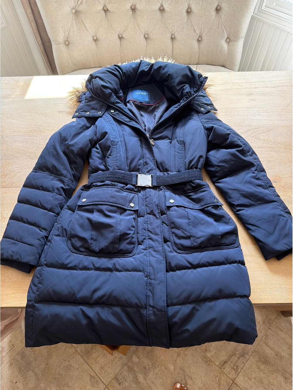 Cole Haan Signature Long Quilted Puffer Coat detach Faux Fur Hood Belted Black M